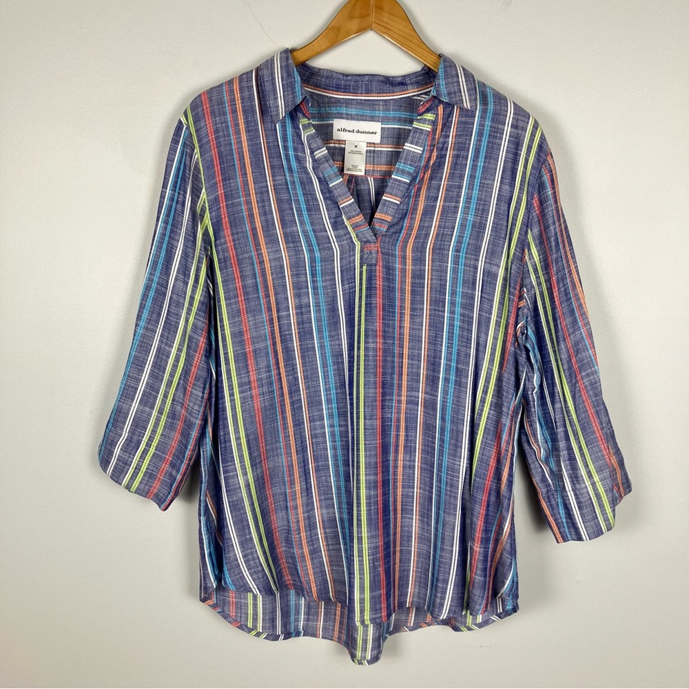 Alfred Dunner Striped Top Medium Blue Multicolor 3/4 Sleeve Coastal Artsy
